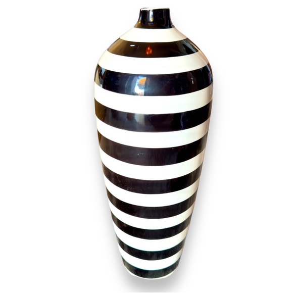 16” TALL XL LARGE Black & White Stripe Vase - Maximalist Stripes Decor - Picture 2 of 13